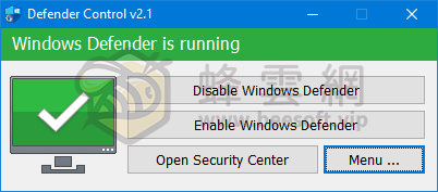 Defender Control v2.1 官方中文免安裝版 – Windows Defender 內建防毒關閉工具