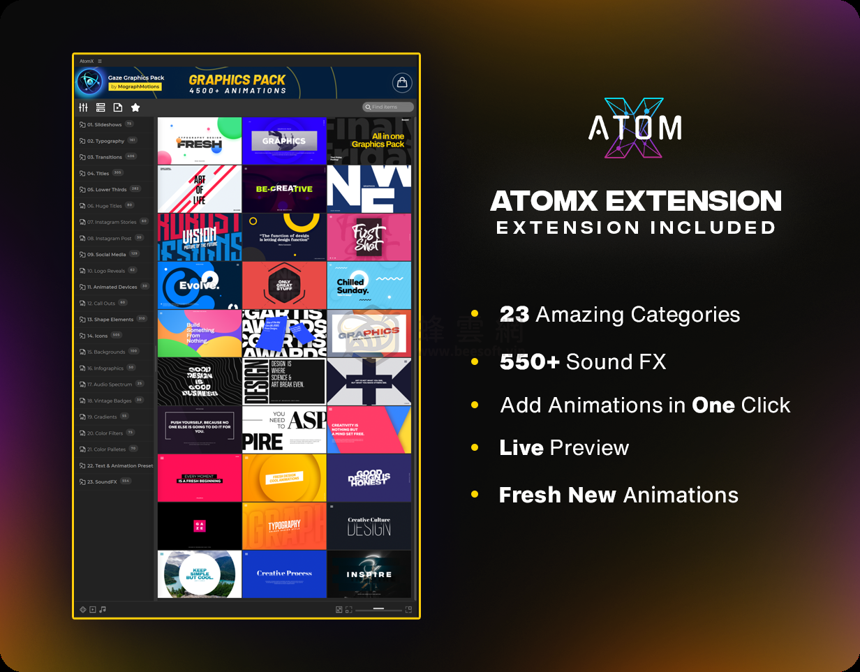 AtomX 4500+ Graphics Pack 25010010 v5 - 4500+ 綜合性動態圖形資源包文字動畫轉場MG動畫圖形元素等