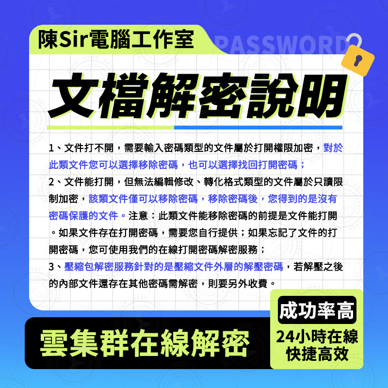 Office/Word文檔/Excel電子表格/PPT/RAR壓縮檔🔏解密找回恢復去除密碼口令服務